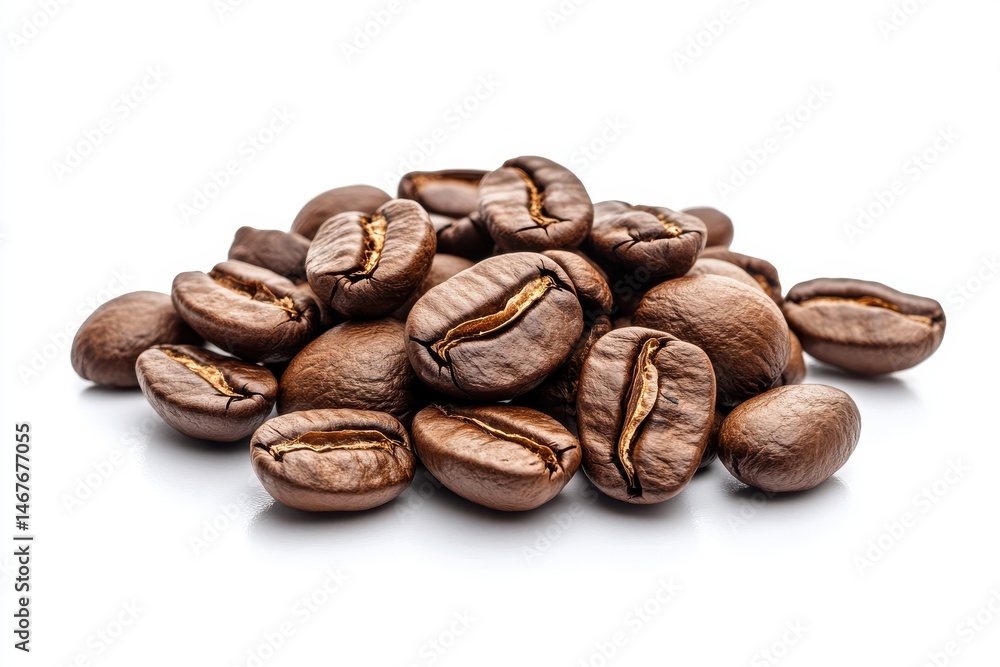 Roasted coffee beans isolated on white background showcasing texture, aroma, and natural freshness for coffee lovers Roasted coffee beans isolated on white background showcasing texture, aroma, and natural freshness for coffee lovers