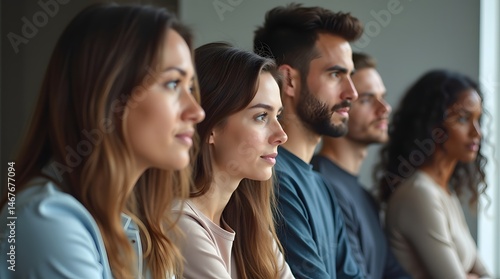 Five diverse individuals, two women and three men, profile view, reflecting a moment of contemplation indoors.