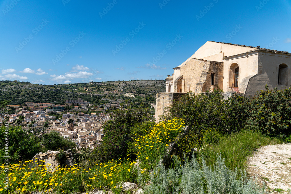 Fototapeta premium View of Scicli with San Matteo and Wildflowers