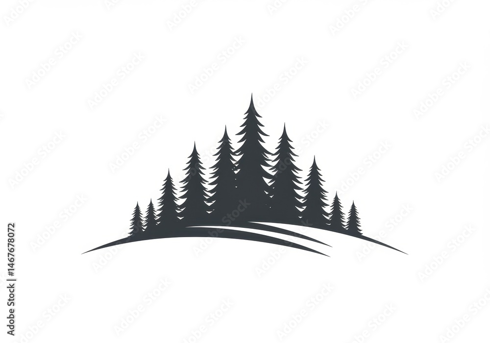 Fototapeta premium Silhouette of Pine Trees on a Hill, Dark Evergreen Forest Hill Silhouette Illustration