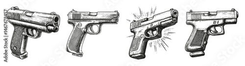 Vintage Illustrations of Handguns in Various Styles and Angles, vector illustration, engraving design, logo design set, black and white line, template design element