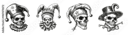 Detailed Illustrations of Skulls with Jester and Clown Hats, vector illustration, engraving design, logo design set, black and white line, template design element