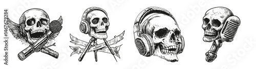 Skull Illustrations with Microphones and Headphones for Music Themes, vector illustration, engraving design, logo design set, black and white line, template design element