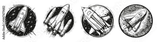 Illustrative Rocket Designs in Vintage Style for Space Exploration, vector illustration, engraving design, logo design set, black and white line, template design element