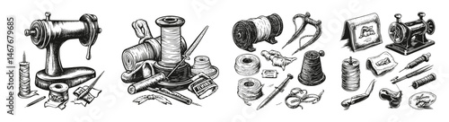 Vintage Sewing Tools and Accessories Illustration for Craft Enthusiasts, vector illustration, engraving design, logo design set, black and white line, template design element