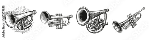 Vintage Brass Instruments in Black and White Illustrations, vector illustration, engraving design, logo design set, black and white line, template design element