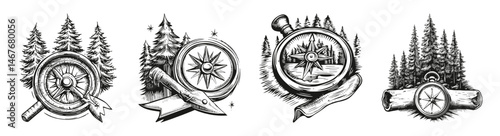 Vintage Compass Illustrations with Forest and Trees in Black and White, vector illustration, engraving design, logo design set, black and white line, template design element