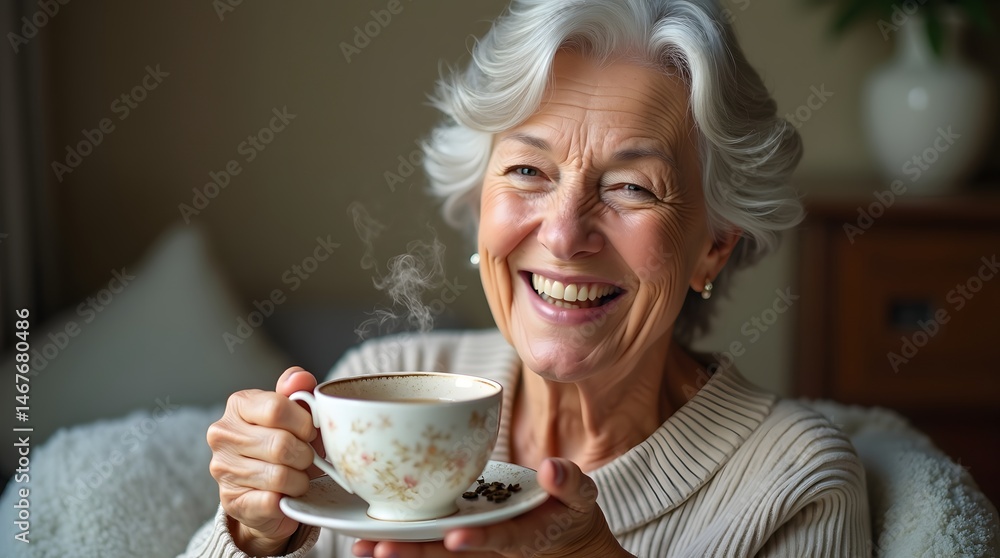 A joyful elderly woman with silver hair enjoys a steaming cup of coffee, radiating warmth and happiness in a cozy setting. A joyful elderly woman with silver hair enjoys a steaming cup of coffee, radiating warmth and happiness in a cozy setting.