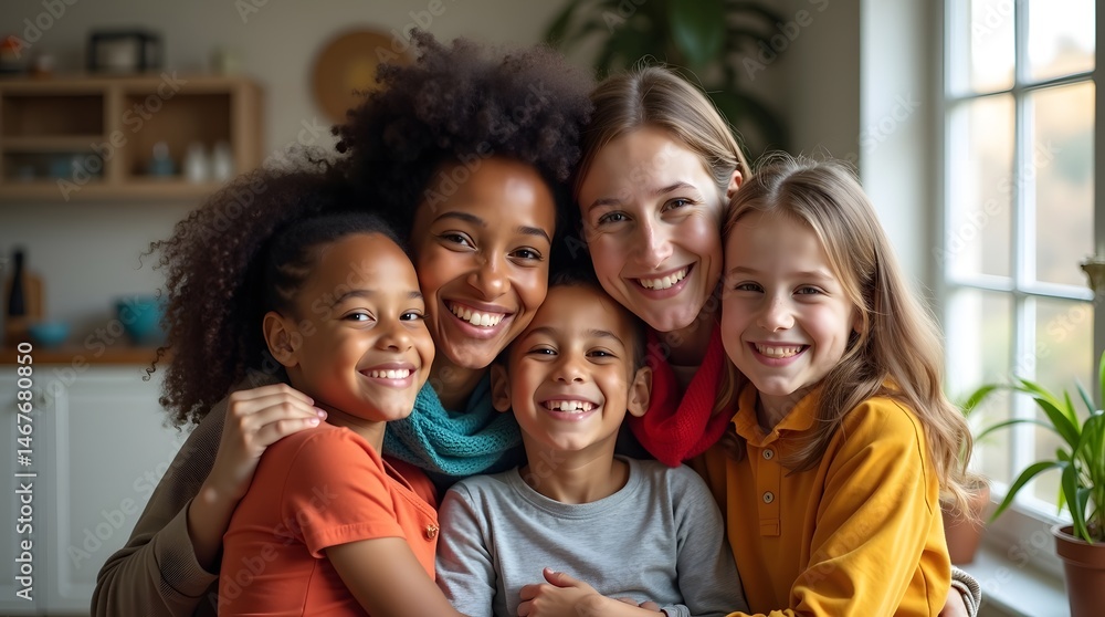 Obraz premium Five joyful individuals, including women and children, in a cozy indoor setting sharing smiles and warmth.