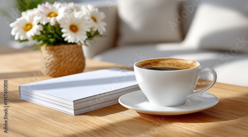 Morning Coffee With Flowers and Notebook on a Wooden Table by the Window