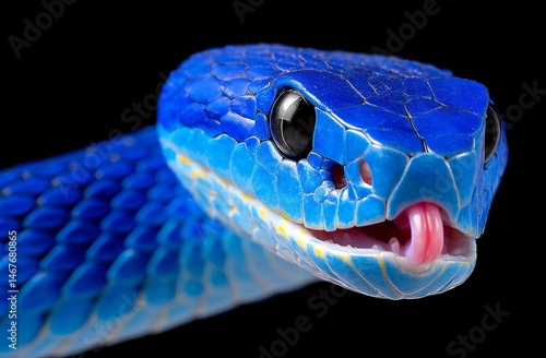 Stunning Close-Up of Vibrant Blue Snake With Striking Features on a Dark Back...