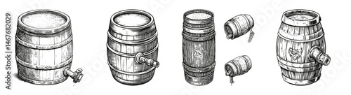 Detailed Vintage Illustrations of Beer Barrels in Various Styles, vector illustration, engraving design, logo design set, black and white line, template design element