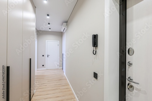 standard room interior apartment. room doors, renovation corridor lobby entrance hall