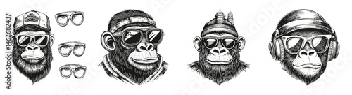 Cool Gorilla Faces with Sunglasses in Vector Art Style, vector illustration, engraving design, logo design set, black and white line, template design element