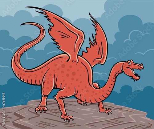Red fairy tale dragon with wings on the top of the rock. Thick clouds. Fantasy monster. Cartoon colorful vector illustration