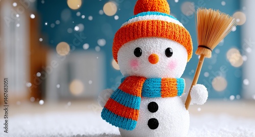 Winter Decoration Featuring a Cute Snowman Holding a Broom in a Cozy Indoor S...