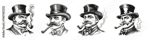 Elegant British Gentlemen with Pipe and Top Hat Illustrations, vector illustration, engraving design, logo design set, black and white line, template design element