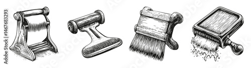 Vintage Squeegee Tools Illustrations for Serigraphy and Silk Screen, vector illustration, engraving design, logo design set, black and white line, template design element