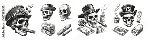 Vintage Skull Illustrations with Cigar and Smoke Elements, vector illustration, engraving design, logo design set, black and white line, template design element
