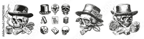 Vintage Poker Themed Illustration with Skulls and Hats Design, vector illustration, engraving design, logo design set, black and white line, template design element