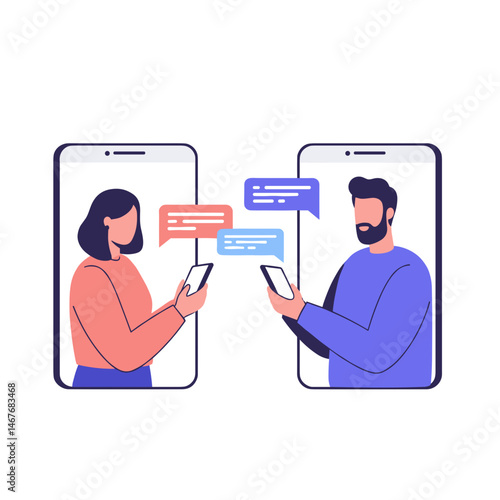 Two people communicating through smartphones with chat bubbles  