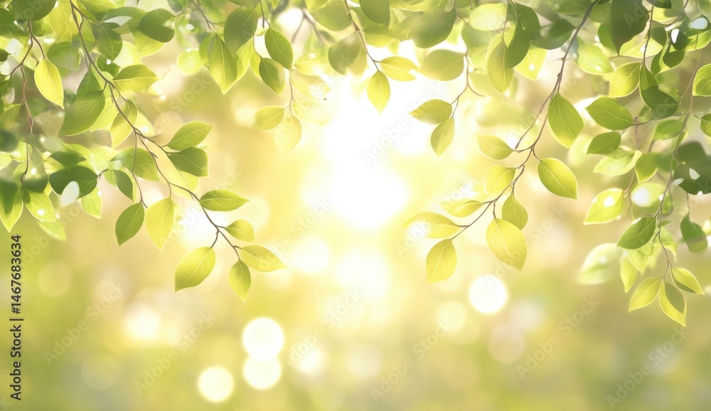 Fototapeta premium Fresh green leaves bathed in sunlight, bokeh background. Soft light filters through foliage, creating a vibrant, natural image