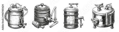 Vintage Brewing Equipment for Craft Beer Production in Black and White, vector illustration, engraving design, logo design set, black and white line, template design element