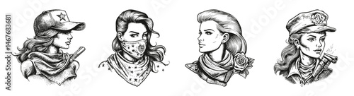 Chicano Girl Gangster Illustration with Military Elements and Roses, vector illustration, engraving design, logo design set, black and white line, template design element