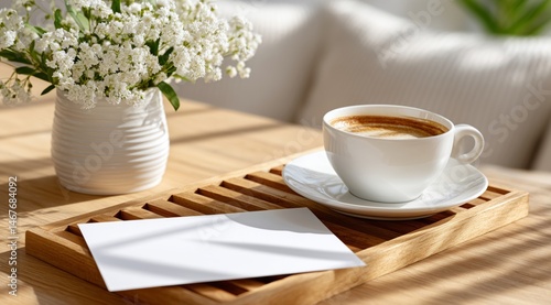 Warm Cup of Coffee With Delicate Flowers on a Wooden Table in Bright Daylight