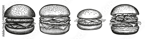 Vintage Style Burger Illustrations in Black and White Designs, vector illustration, engraving design, logo design set, black and white line