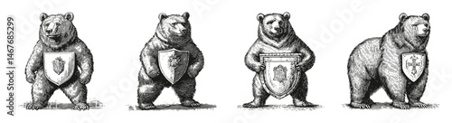 Detailed Vintage Bear Illustrations with Shields for Artistic Use, vector illustration, engraving design, logo design set, black and white line