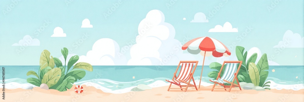 Obraz premium Beach scene with two beach chairs and an umbrella.