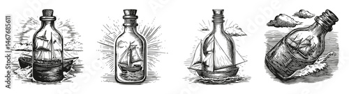 Vintage Sailboats in Bottles Artistic Illustration, vector illustration, engraving design, logo design set, black and white line