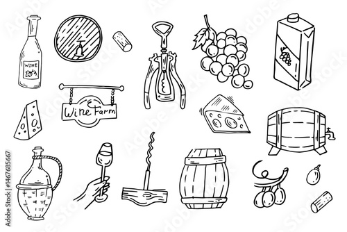Wine collection in sketch doodle style. Wine vineyard items hand drawn set. Vector illustration
