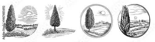 Vintage Landscape Illustrations Featuring Tall Cypress Trees and Sun, vector illustration, engraving design, logo design set, black and white line