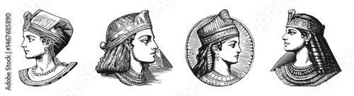 Four Artistic Portraits of Ancient Egyptian Queens and Goddesses, vector illustration, engraving design, logo design set, black and white line