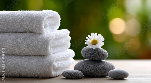 Relaxing Spa Setting With Stacked Stones and Towels in Serene Environment Dur...