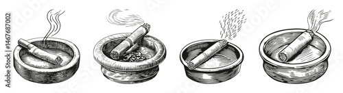 Vintage Illustrations of Cigar Ashtrays with Smoky Accents, vector illustration, engraving design, logo design set, black and white line