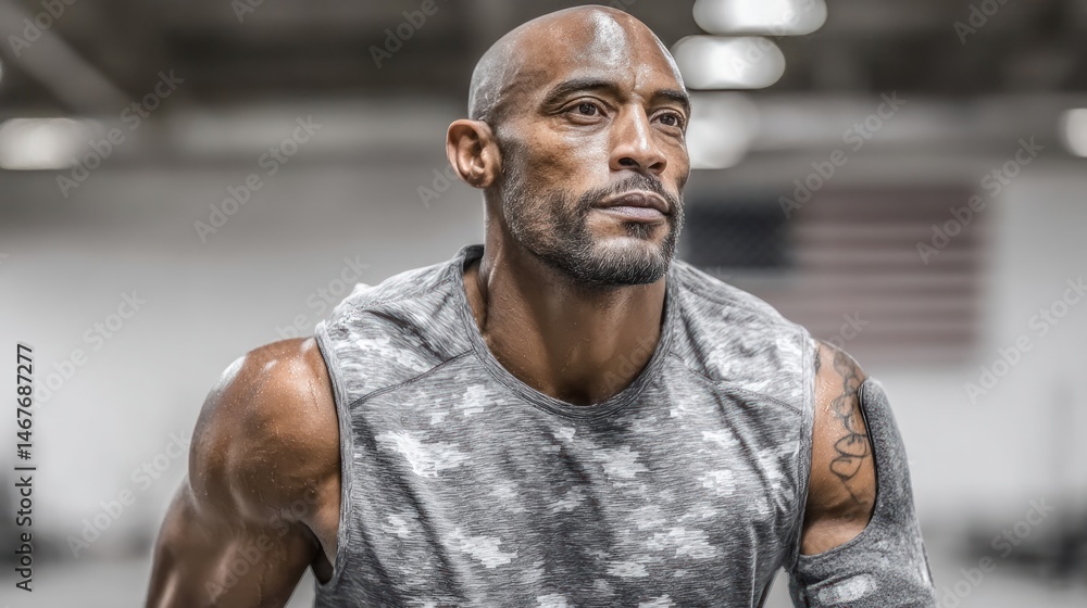 Obraz premium An amputee athlete exudes strength and determination while training in adaptive sportswear within a bustling gym