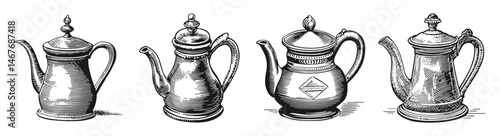 Vintage Engravings of Elegant Teapots in Different Styles and Shapes, vector illustration, engraving design, logo design set, black and white line