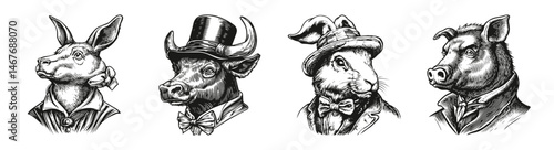 Elegant Animal Portraits in Vintage Style with Bow Ties and Hats, vector illustration, engraving design, logo design set, black and white line