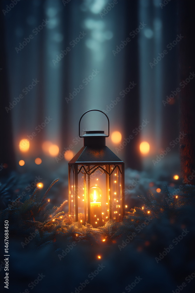 Old lantern illuminates forest path surrounded by glowing orbs in enchanting twilight atmosphere Old lantern illuminates forest path surrounded by glowing orbs in enchanting twilight atmosphere