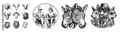Vintage Animal Illustrations Featuring Diverse Wildlife and Characters, vector illustration, engraving design, logo design set, black and white line