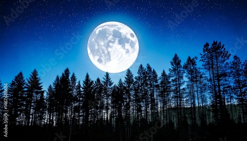 Luna llena sobre un bosque silueteado por la noche
