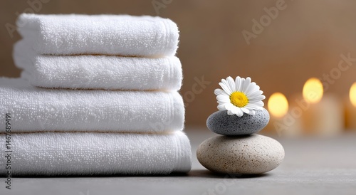 Relaxing Spa Setting With Stacked Stones and Towels in Serene Environment Dur...