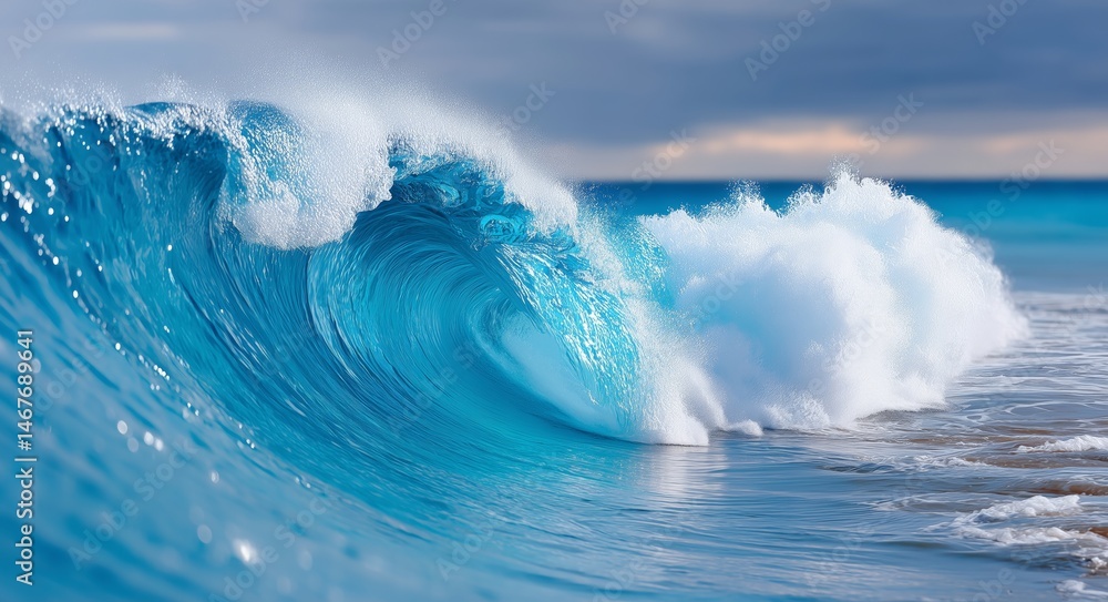 Fototapeta premium Stunning Blue Ocean Wave Curling Against Sandy Shore Under a Cloudy Sky at Sunset