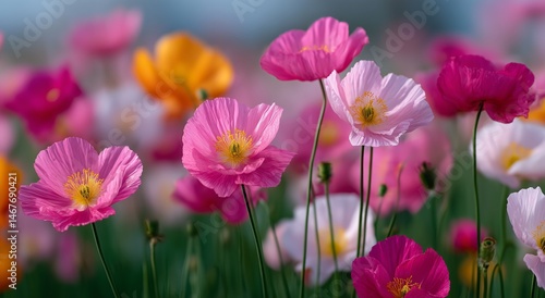 Colorful Poppies Bloom in Spring Meadow Under Clear Sky