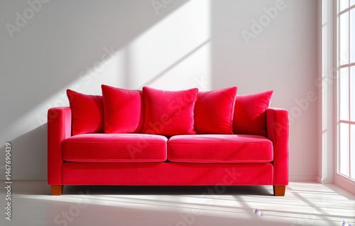 Bright Red Couch Bathed in Sunlight Against a Minimalist Backdrop