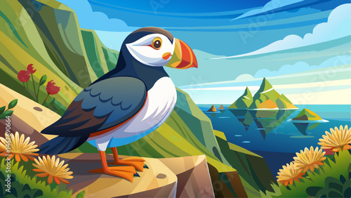 
portrait Atlantic puffin, fratercula arctica, standing on cliff in summertime. Panorami horizontal composition of colorful seabird observing on mountainside near to sea. Wild aquatic animal looking t
