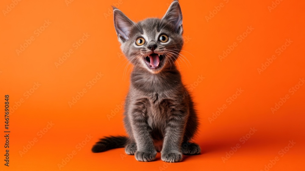 Obraz premium Playful gray kitten with bright orange background, smiling